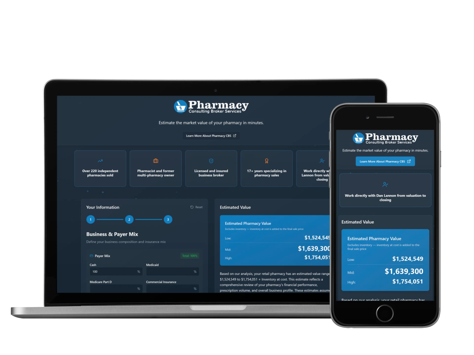 Pharmacy Valuation Tool shown on desktop and mobile
