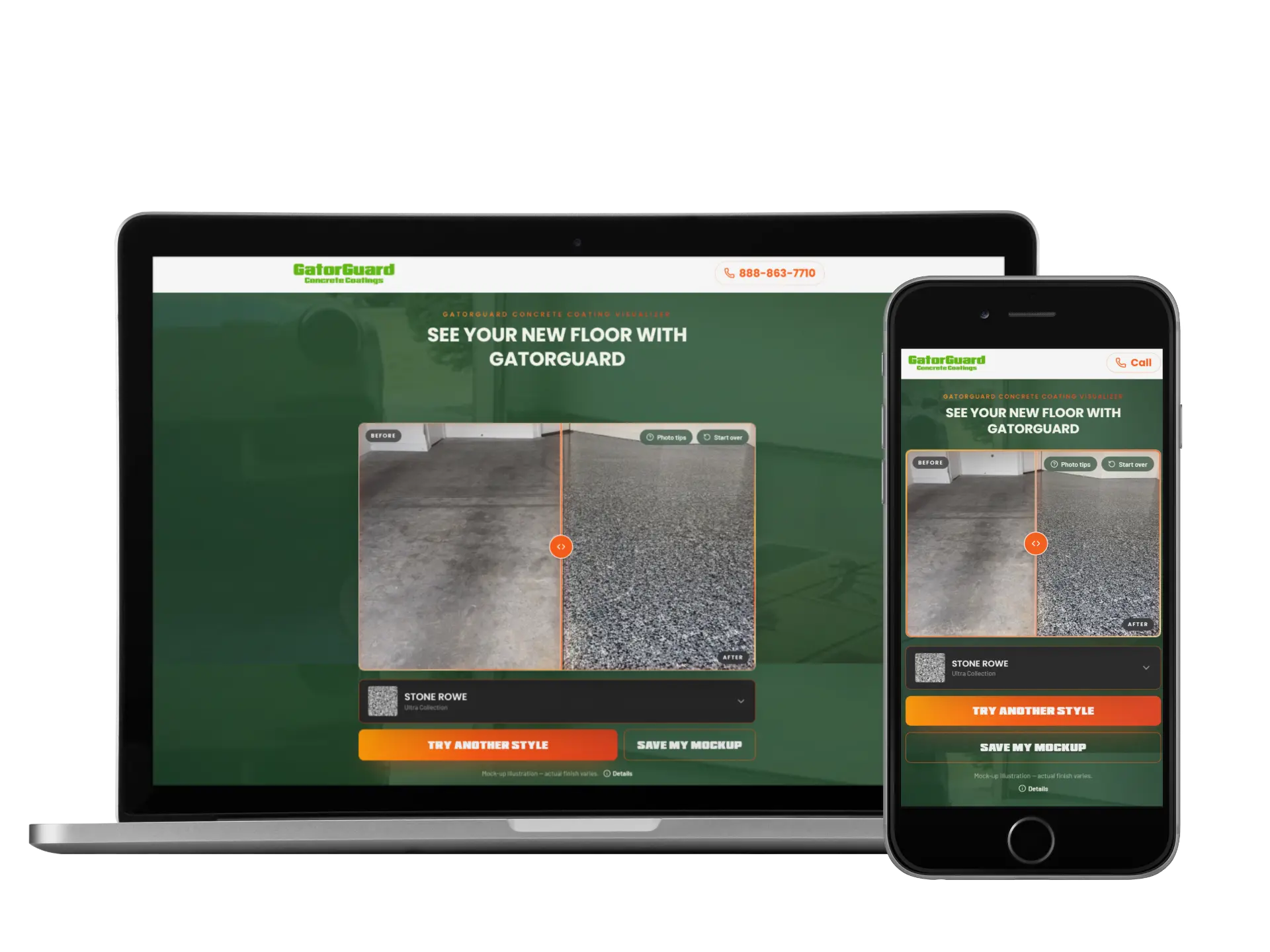 GatorGuard concrete coating visualizer shown on a laptop and phone