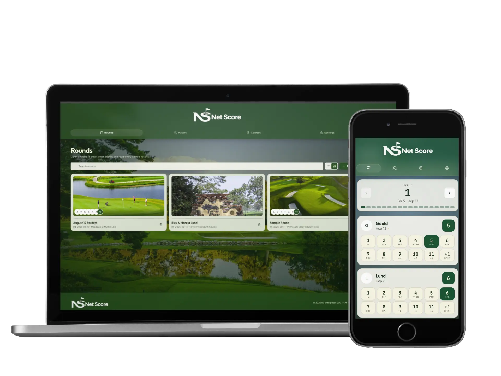 Net Score Golf Scoring App shown on desktop and mobile